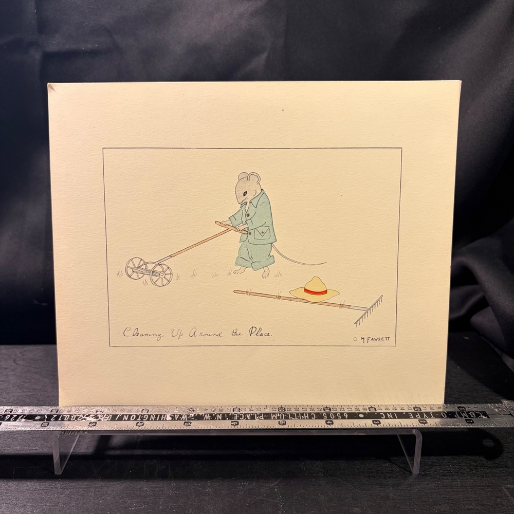 Vintage M Fawsett Cleaning Up Around the Place Mouse Illustration Print 8x10